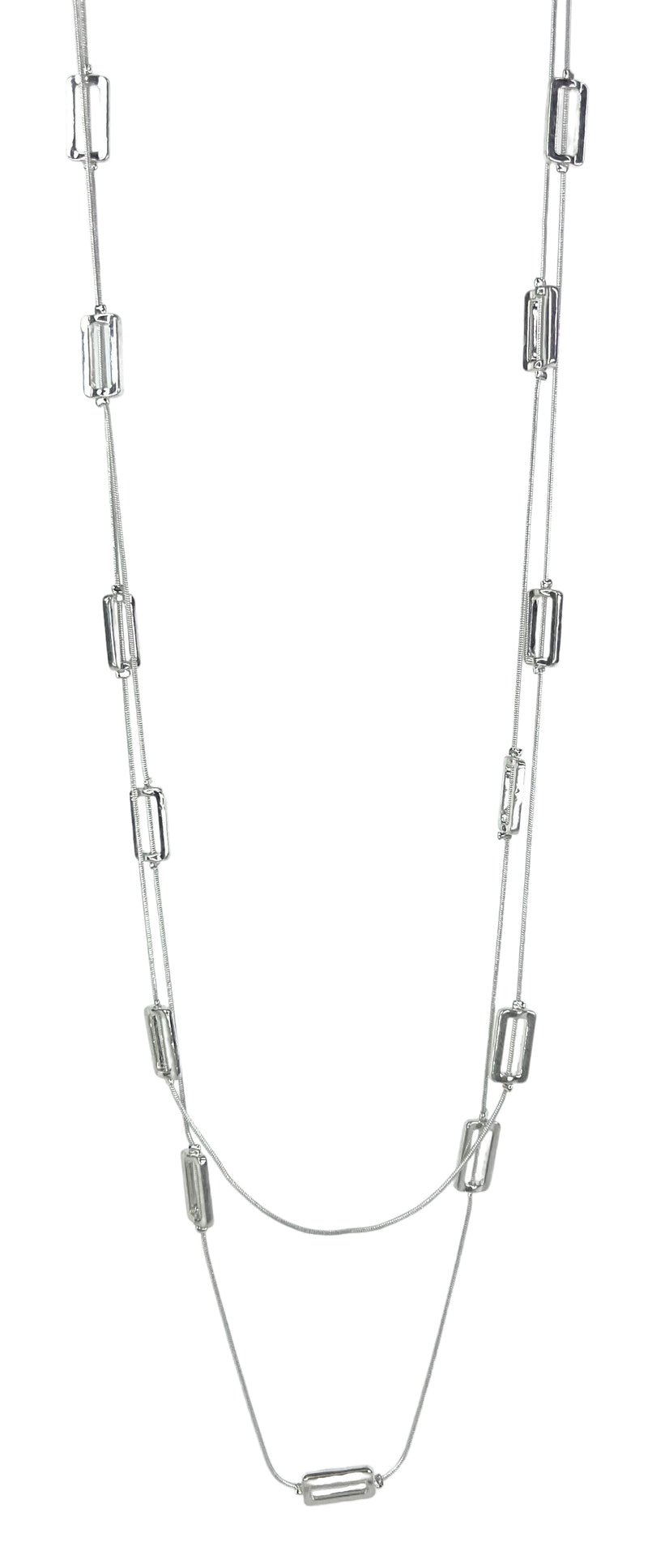 Humble Hilo Double Strand silver long necklace, Rectangles