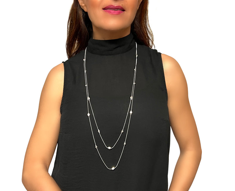 Humble Hilo Double Strand silver long necklace, Round and Oval Beads