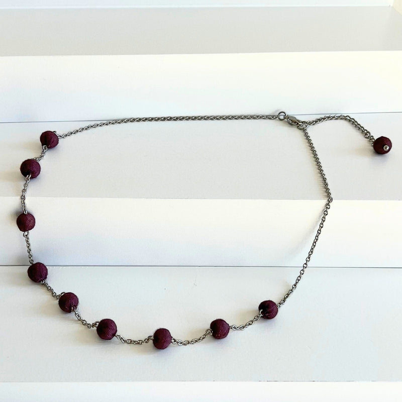 Humble Hilo Sari Jewelry, Spaced Semi-Circle Textile Bead Necklace on Chain